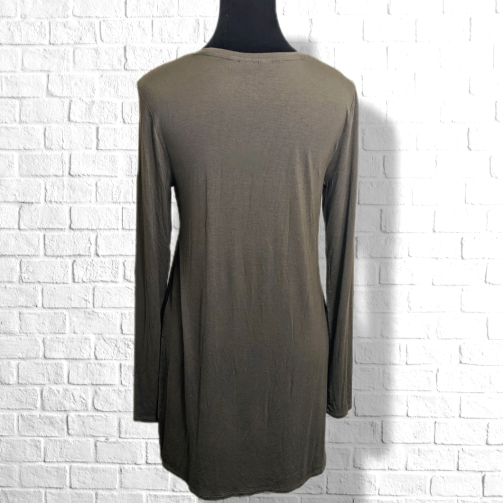 Pretty Olive Green Solid Long Sleeve High Low Tunic Top Stretchy Flowy T8 - Picture 3 of 7